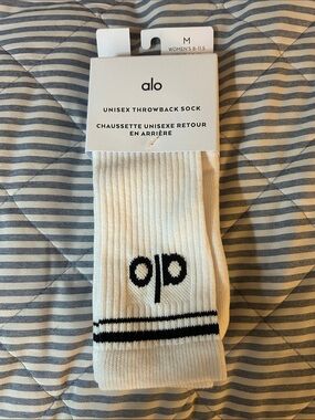 ALO Yoga White Athletic Crew Socks with Black Logo & Stripes